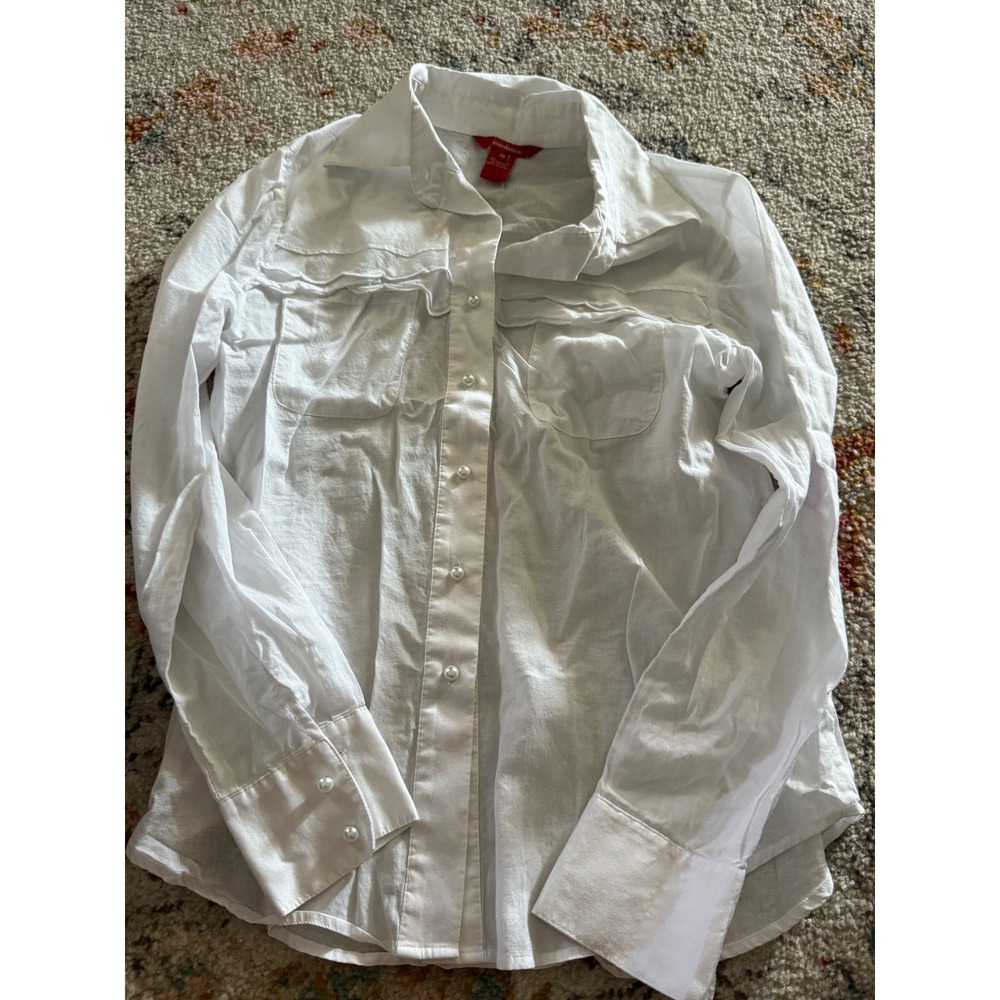 Sundance White Cotton Scalloped Ruffle Pearl Button Down Shirt Medium Cottage